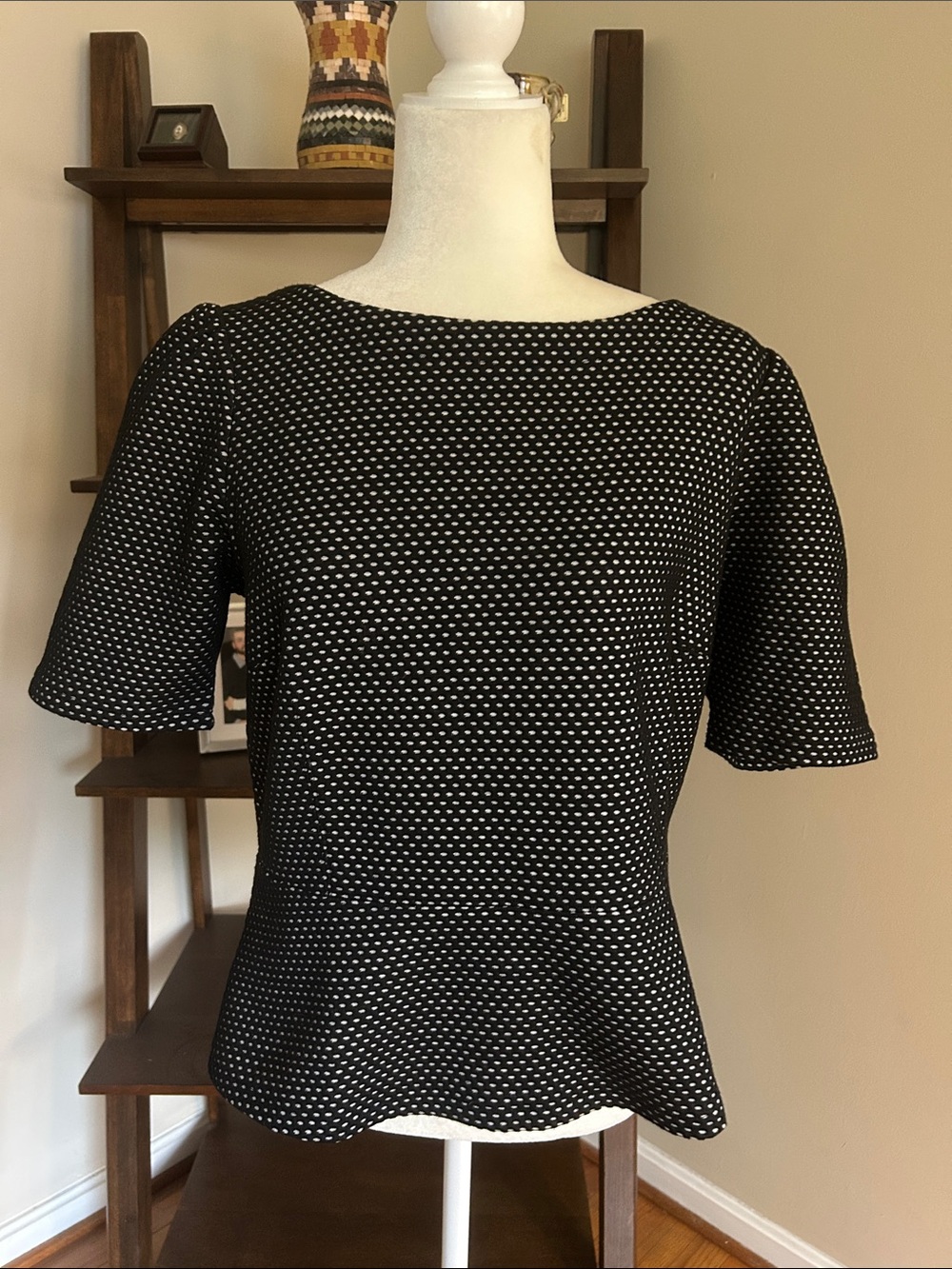 Ann Taylor Factory Black & White Textured Dot Peplum Top